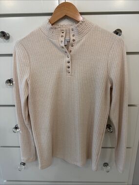 Ribbed Henley Mock-Neck Long Sleeve Top - Cream